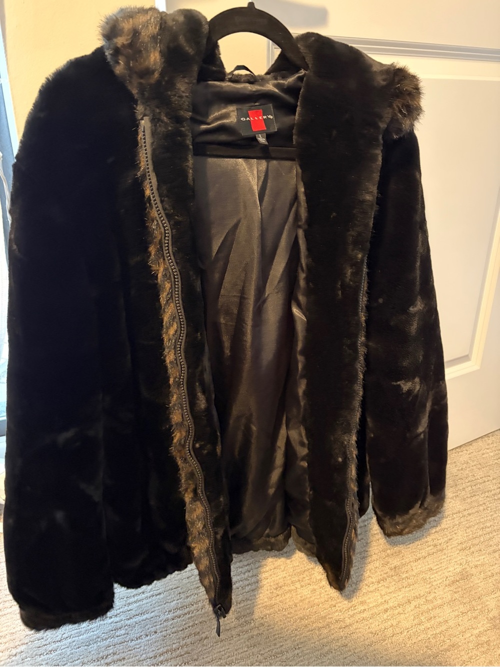 GALLERY Black Faux Fur Hooded Coat